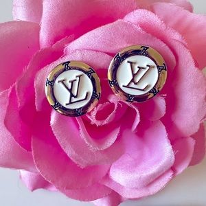 Louis Vuitton Gold White Button Metal Charm Stud Earrings